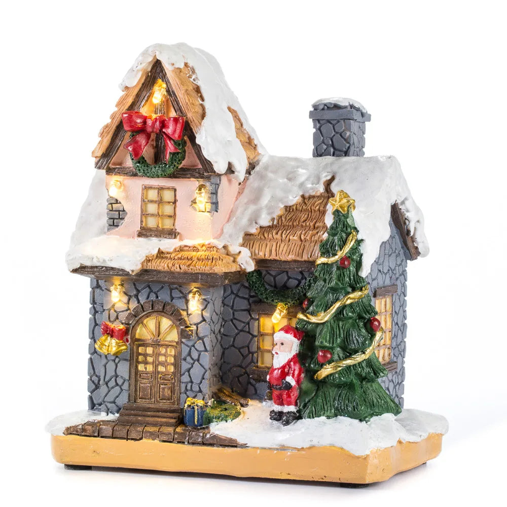 Christmas Decoration Village Collection Figurine Building Christmas House with Santa Claus LED Lighting Home Ornament