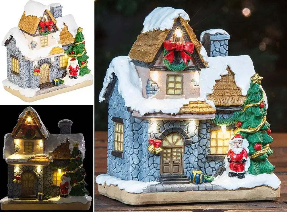 Christmas Decoration Village Collection Figurine Building Christmas House with Santa Claus LED Lighting Home Ornament