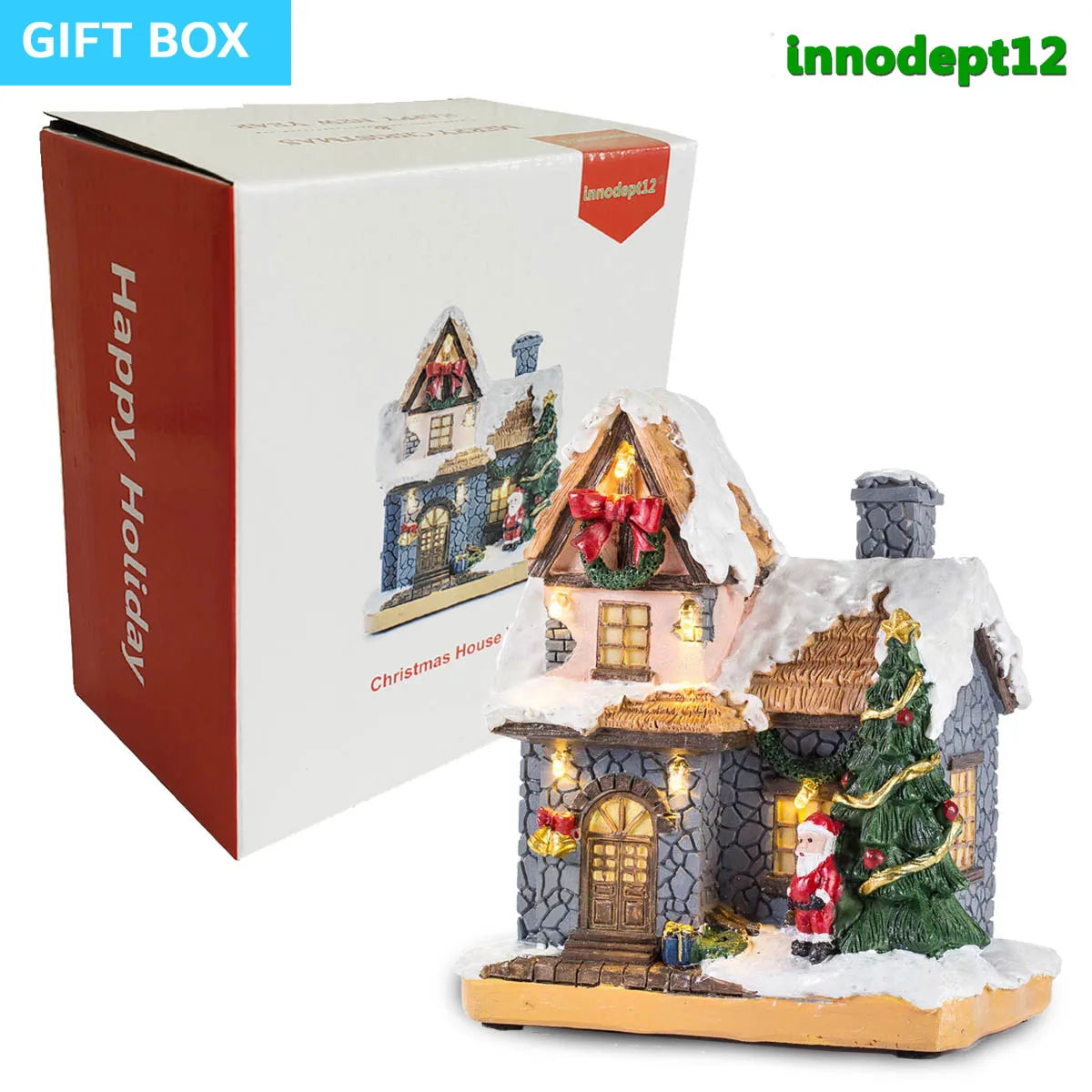 Christmas Decoration Village Collection Figurine Building Christmas House with Santa Claus LED Lighting Home Ornament