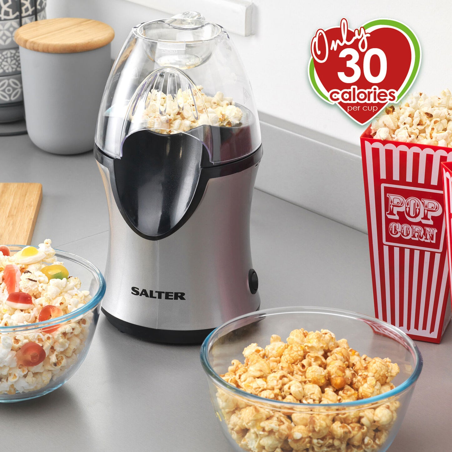 Salter® Popcorn Maker Healthy Electric Hot Air Popper Machine 1200 W Grey/Black